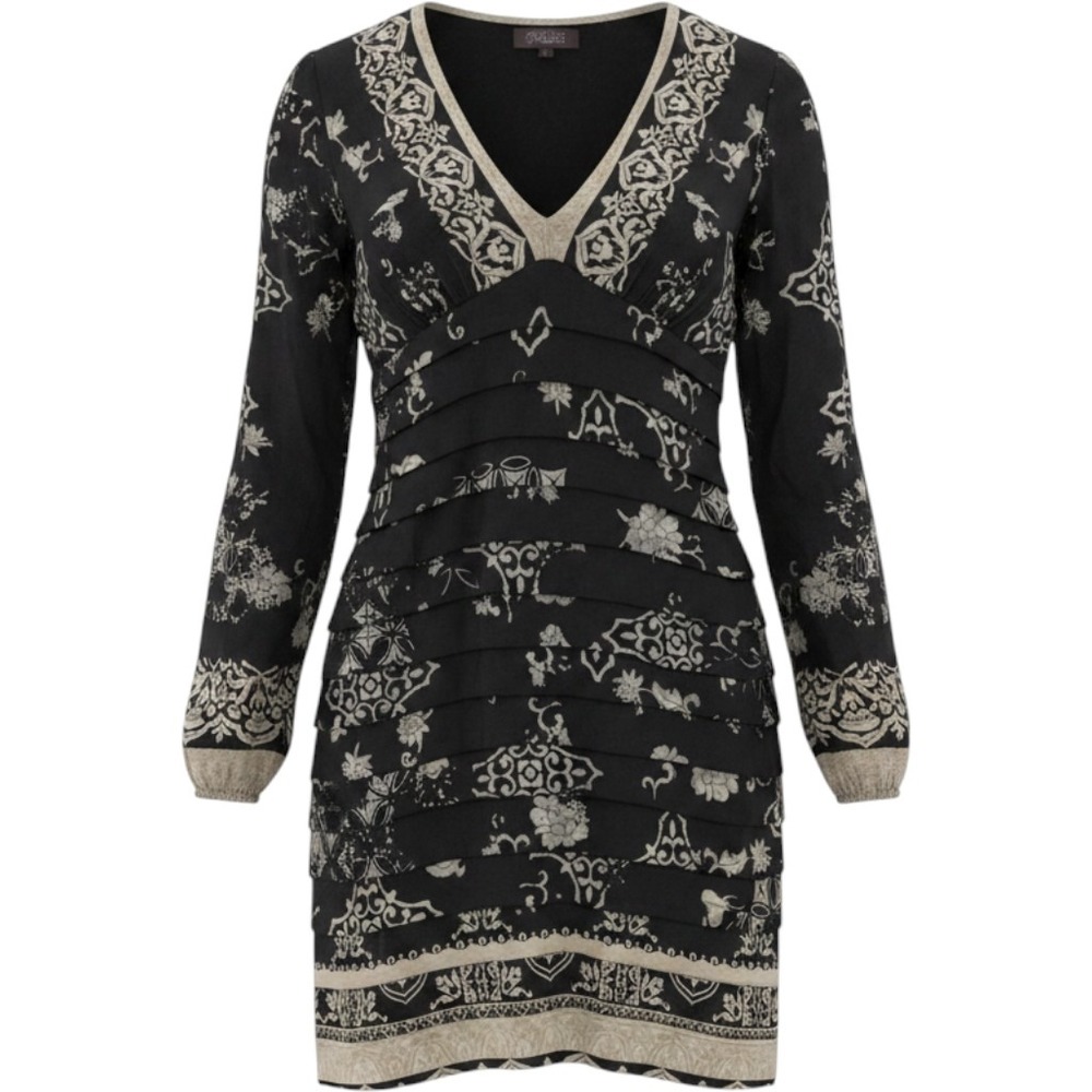 Hale Bob Silk Blend Damask‎ Print V-Neck Mini Dress Black Beige Small Vintage